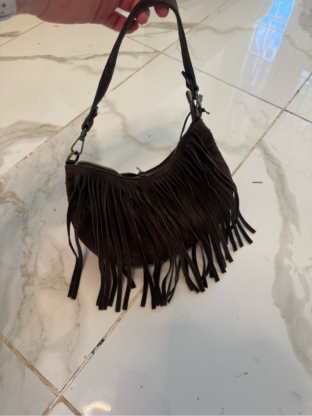 NWT Suede Fringe Mini Shoulder Bag in Dark Brown